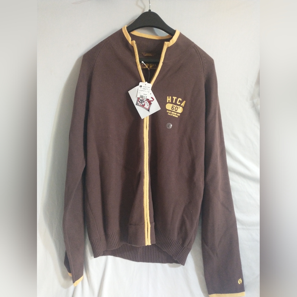 NWT Hang Ten Full Zip Sweater L Burley Brown Gold Striped Heavy Knit USA